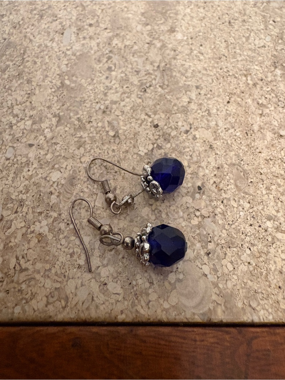 Faceted Navy Blue Drop Earrings with Silver Accents